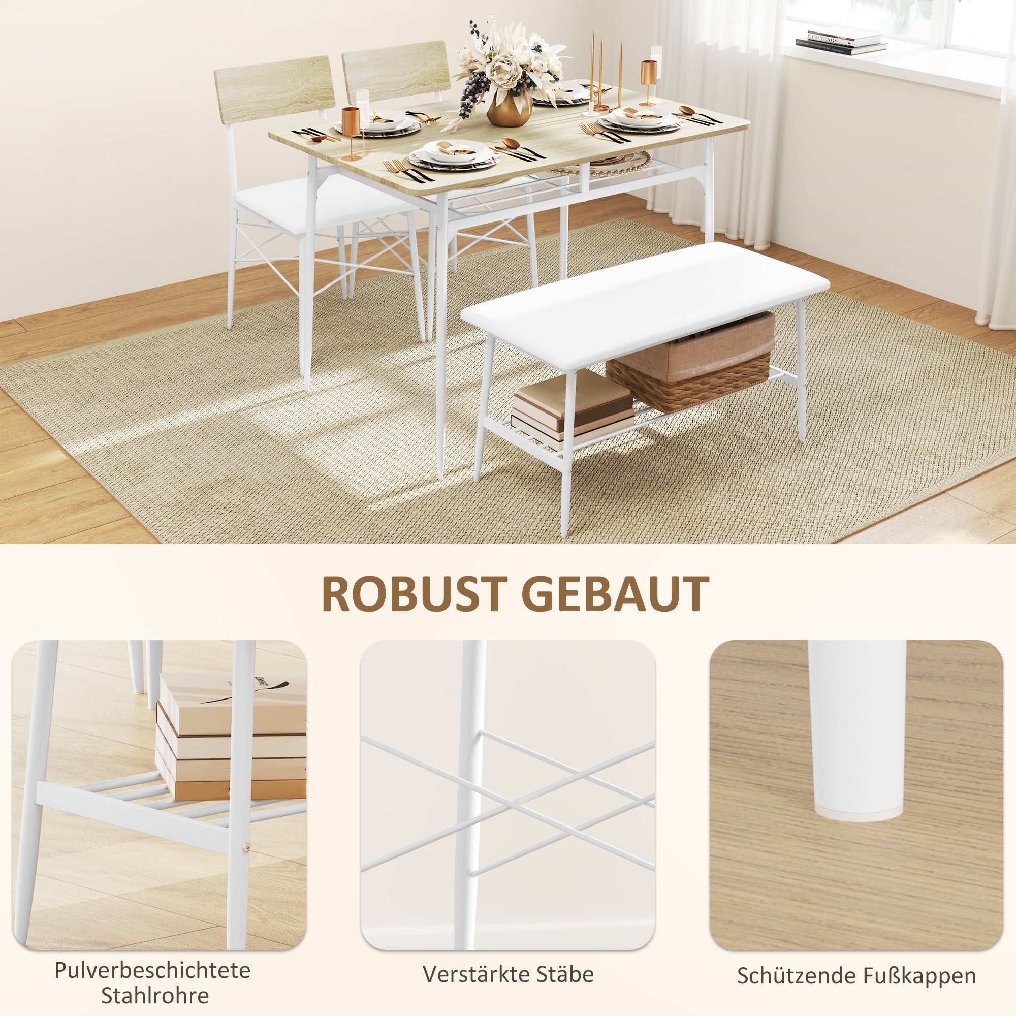 Dining Set Dining Table with Bench and 2 Chairs Space-Saving Kitchen Table Set with Storage for 4 People Dining Group for Dining Room, Kitchen, Oak