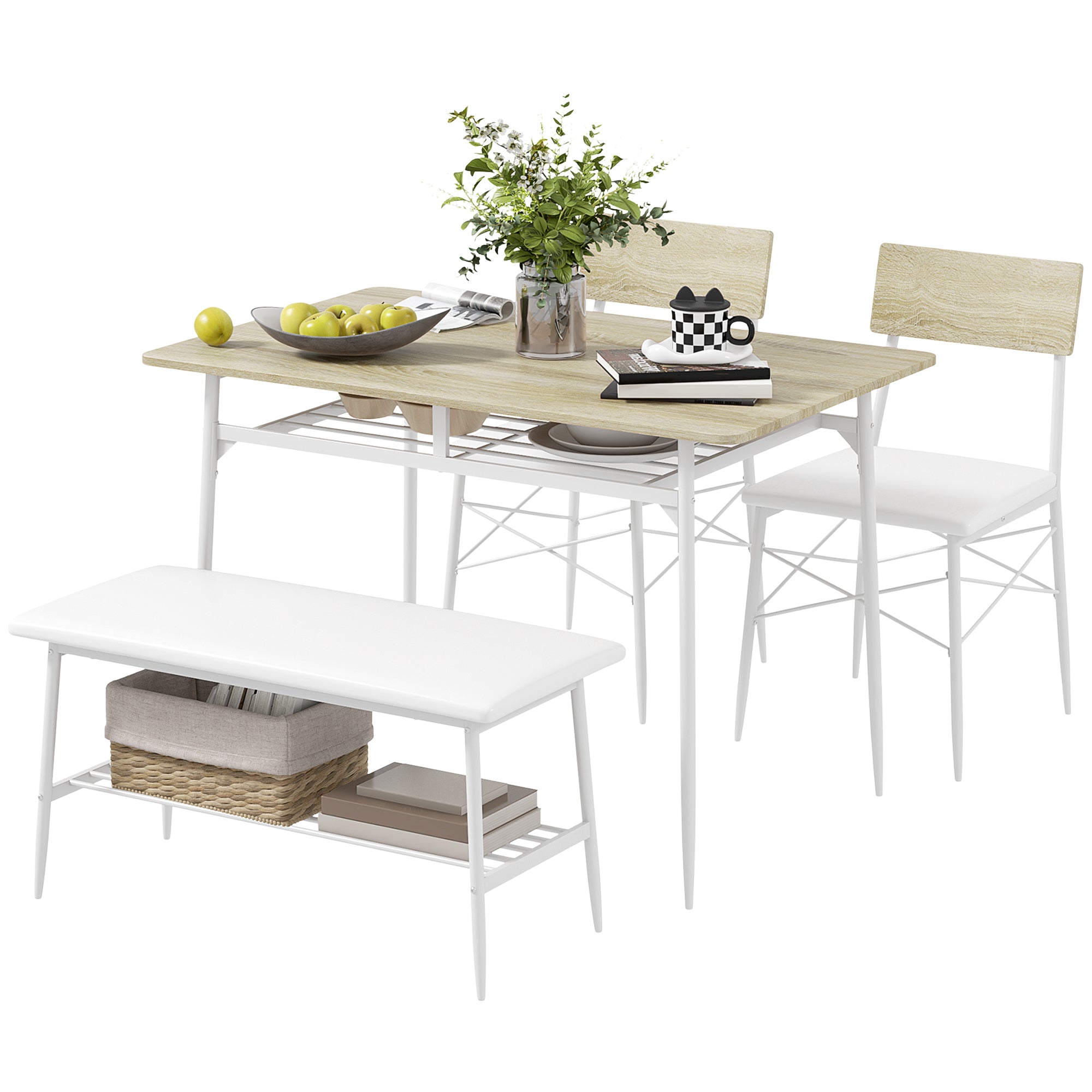 Dining Set Dining Table with Bench and 2 Chairs Space-Saving Kitchen Table Set with Storage for 4 People Dining Group for Dining Room, Kitchen, Oak