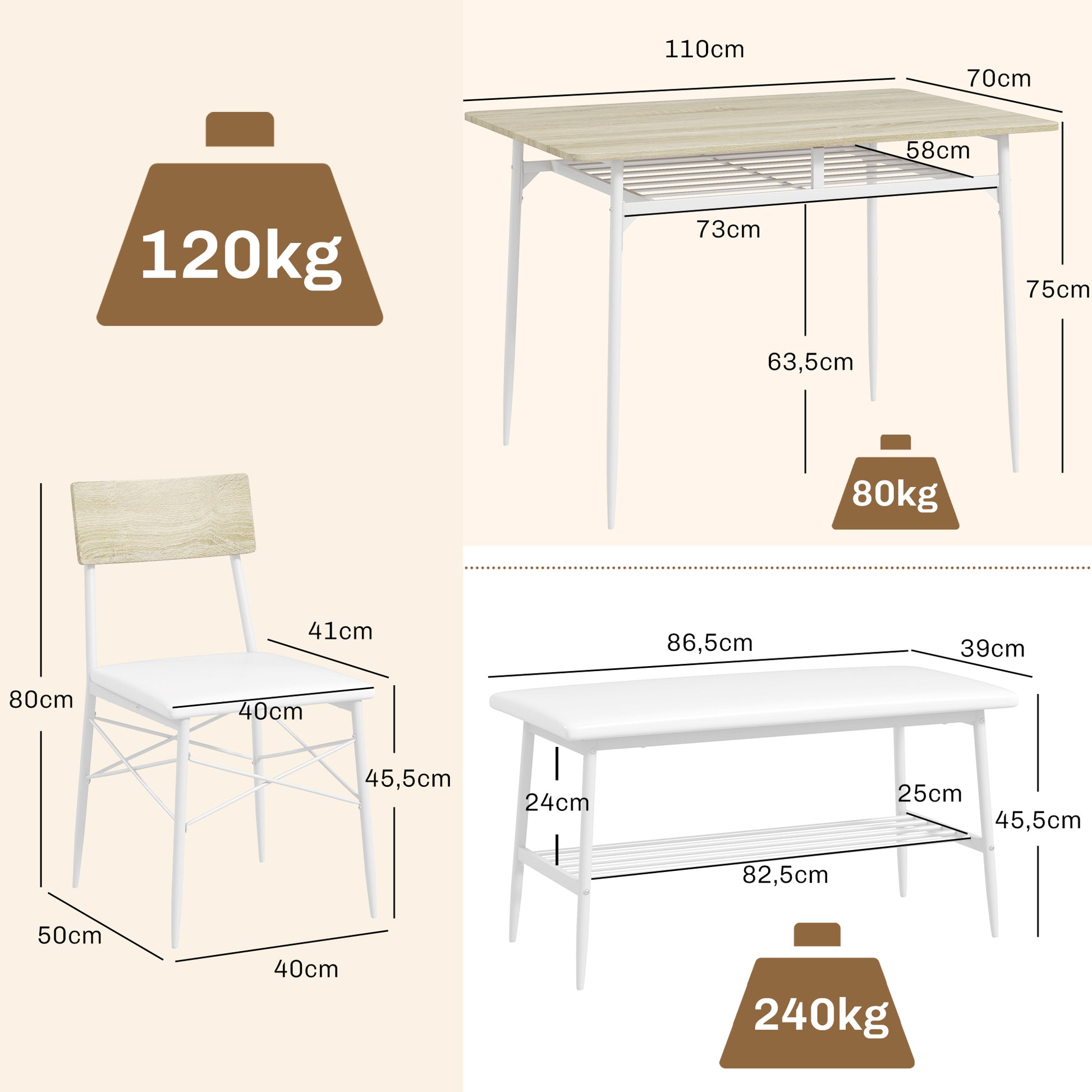 Dining Set Dining Table with Bench and 2 Chairs Space-Saving Kitchen Table Set with Storage for 4 People Dining Group for Dining Room, Kitchen, Oak