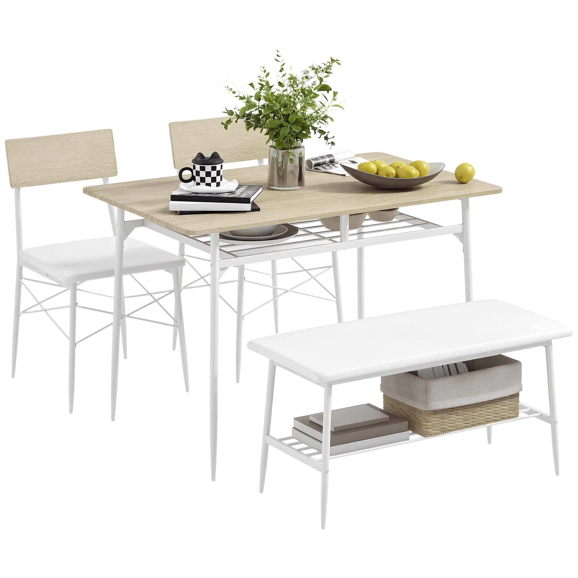 Dining Set Dining Table with Bench and 2 Chairs Space-Saving Kitchen Table Set with Storage for 4 People Dining Group for Dining Room, Kitchen, Oak