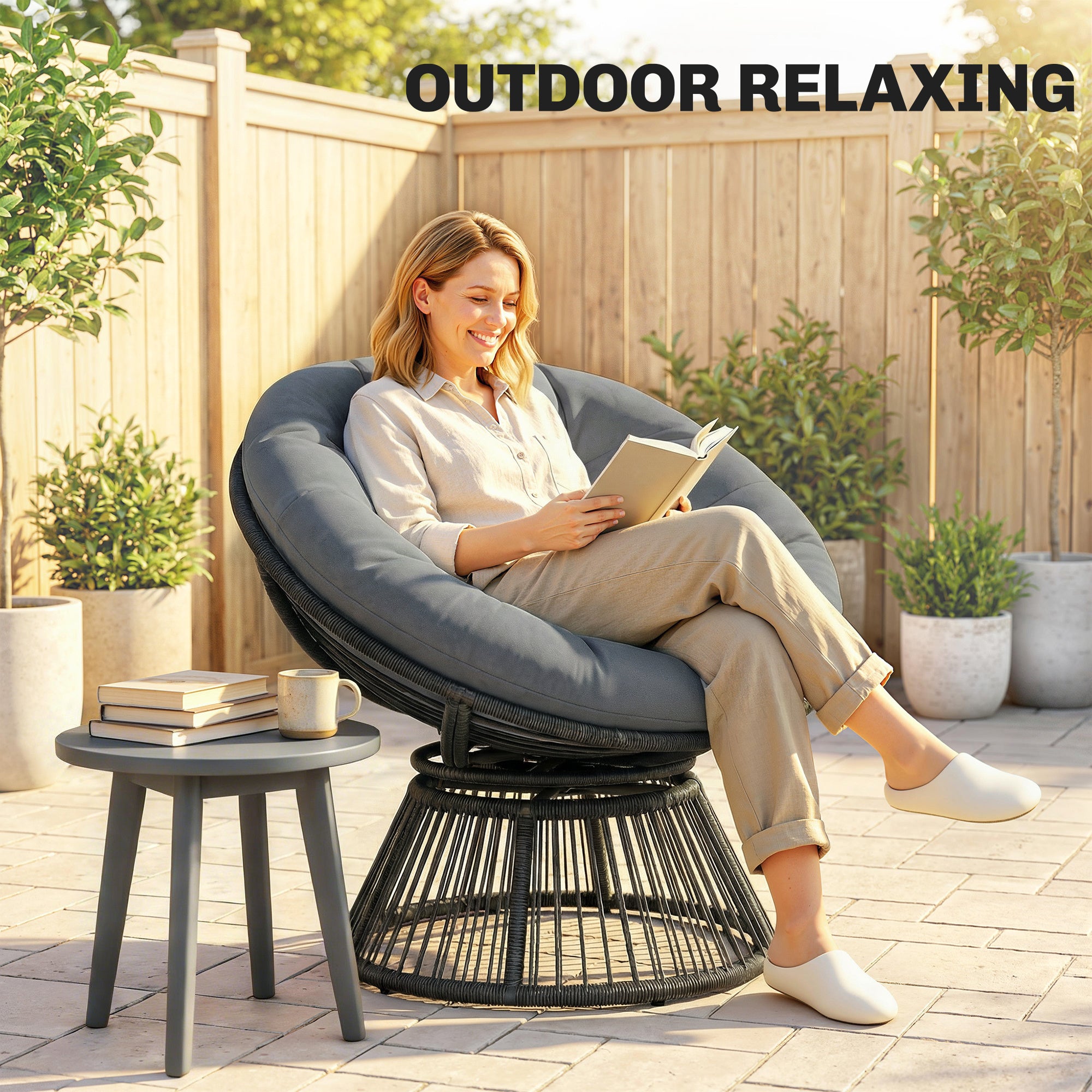 360° Swivel Papasan Chair — Round Polyrattan Lounger with Cushion, Steel Frame — Gray