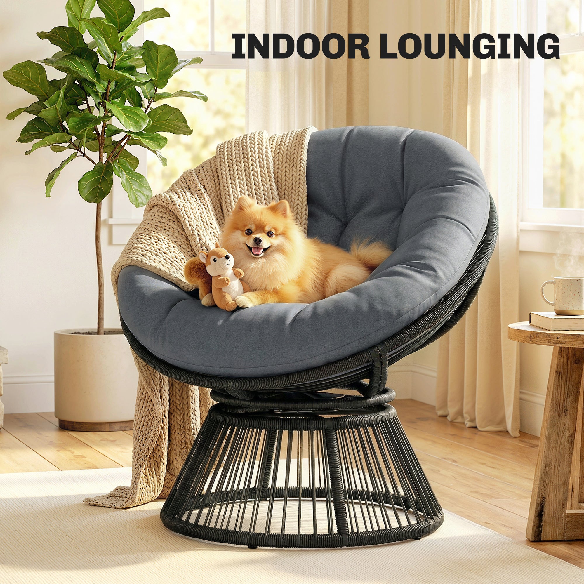 360° Swivel Papasan Chair — Round Polyrattan Lounger with Cushion, Steel Frame — Gray