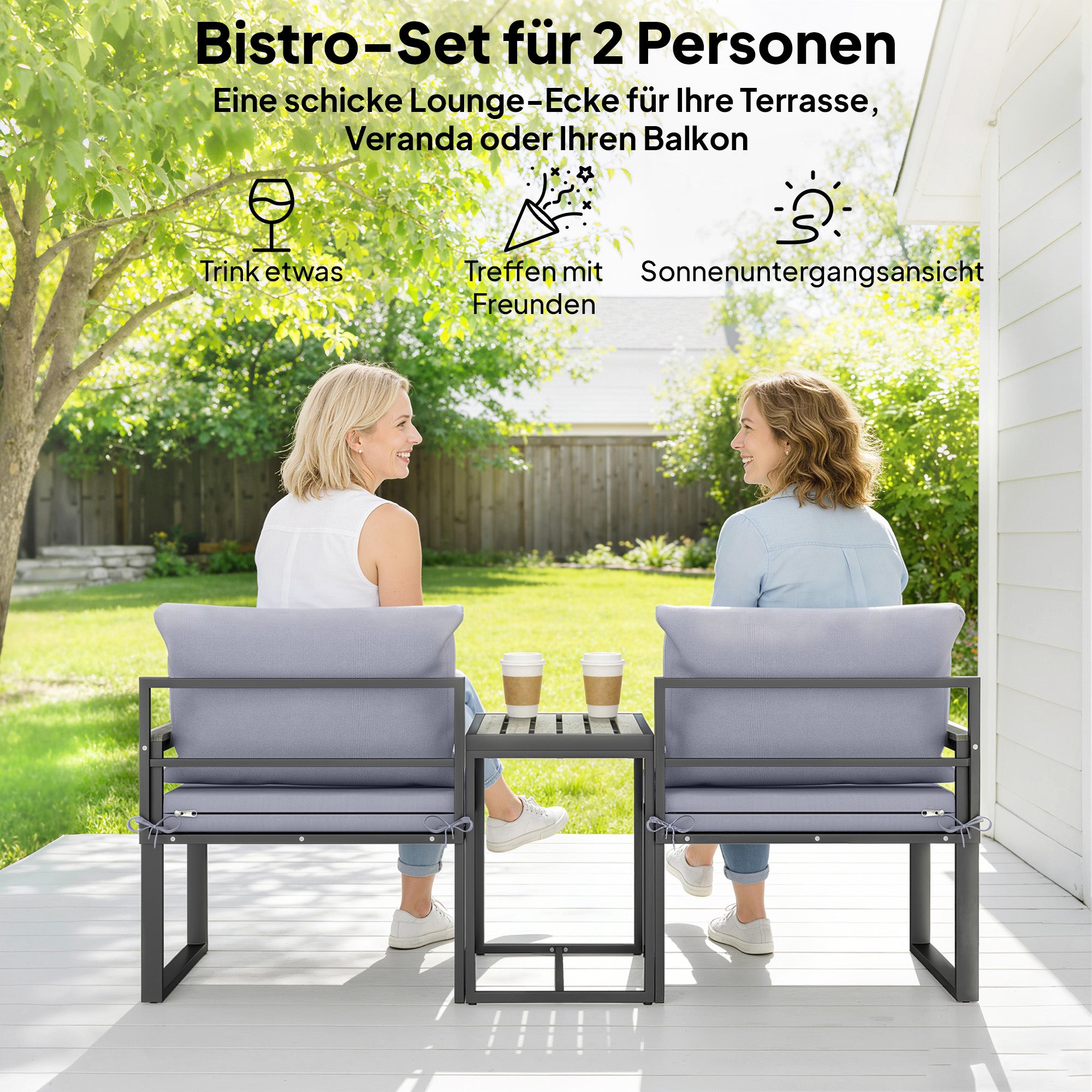 3-Piece Balcony Bistro Set – 2 Armchairs & Table with Removable Breathable Seat and Back Cushions, Steel Patio Furniture, Gray