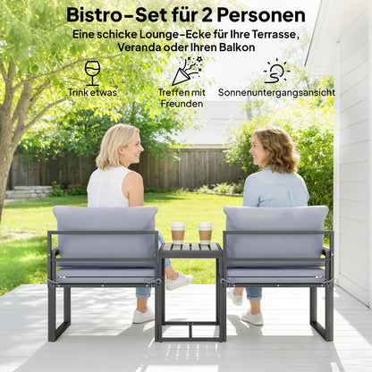 3-Piece Balcony Bistro Set – 2 Armchairs & Table with Removable Breathable Seat and Back Cushions, Steel Patio Furniture, Gray