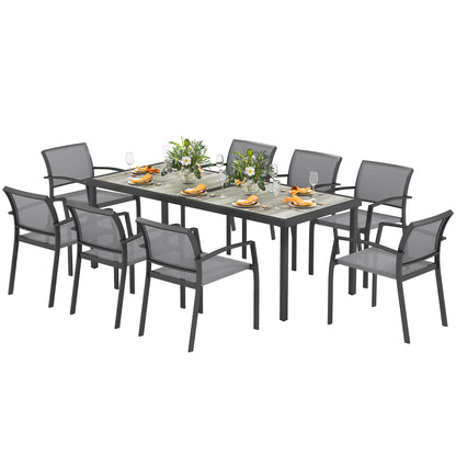 Garden Table Set with 9-Piece Chairs, Dining Set with PSPC Table Top, 8 Stackable Outdoor Chairs with Arms, Steel and Textilene Terrace Furniture Set, Gray