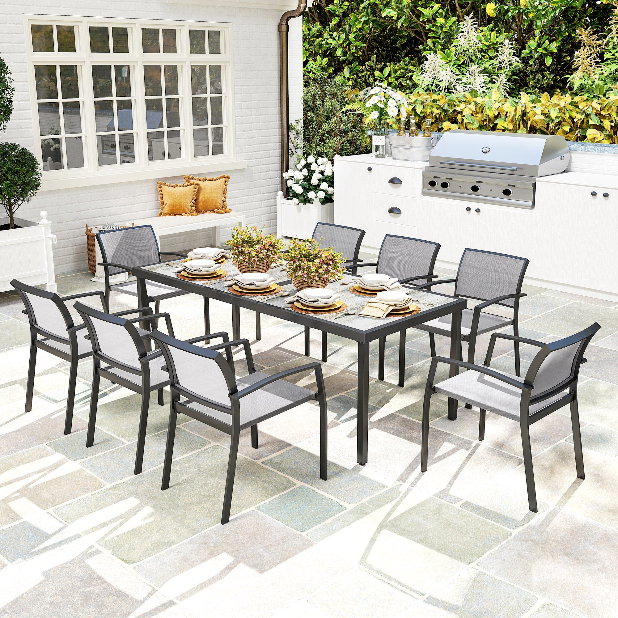 Garden Table Set with 9-Piece Chairs, Dining Set with PSPC Table Top, 8 Stackable Outdoor Chairs with Arms, Steel and Textilene Terrace Furniture Set, Gray
