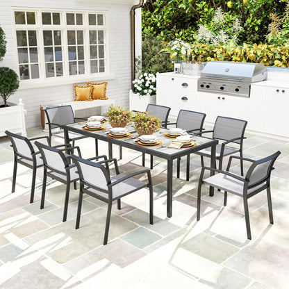 Garden Table Set with 9-Piece Chairs, Dining Set with PSPC Table Top, 8 Stackable Outdoor Chairs with Arms, Steel and Textilene Terrace Furniture Set, Gray