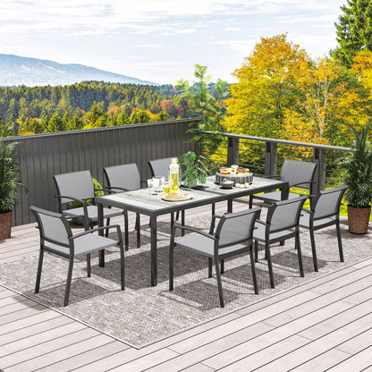 Garden Table Set with 9-Piece Chairs, Dining Set with PSPC Table Top, 8 Stackable Outdoor Chairs with Arms, Steel and Textilene Terrace Furniture Set, Gray