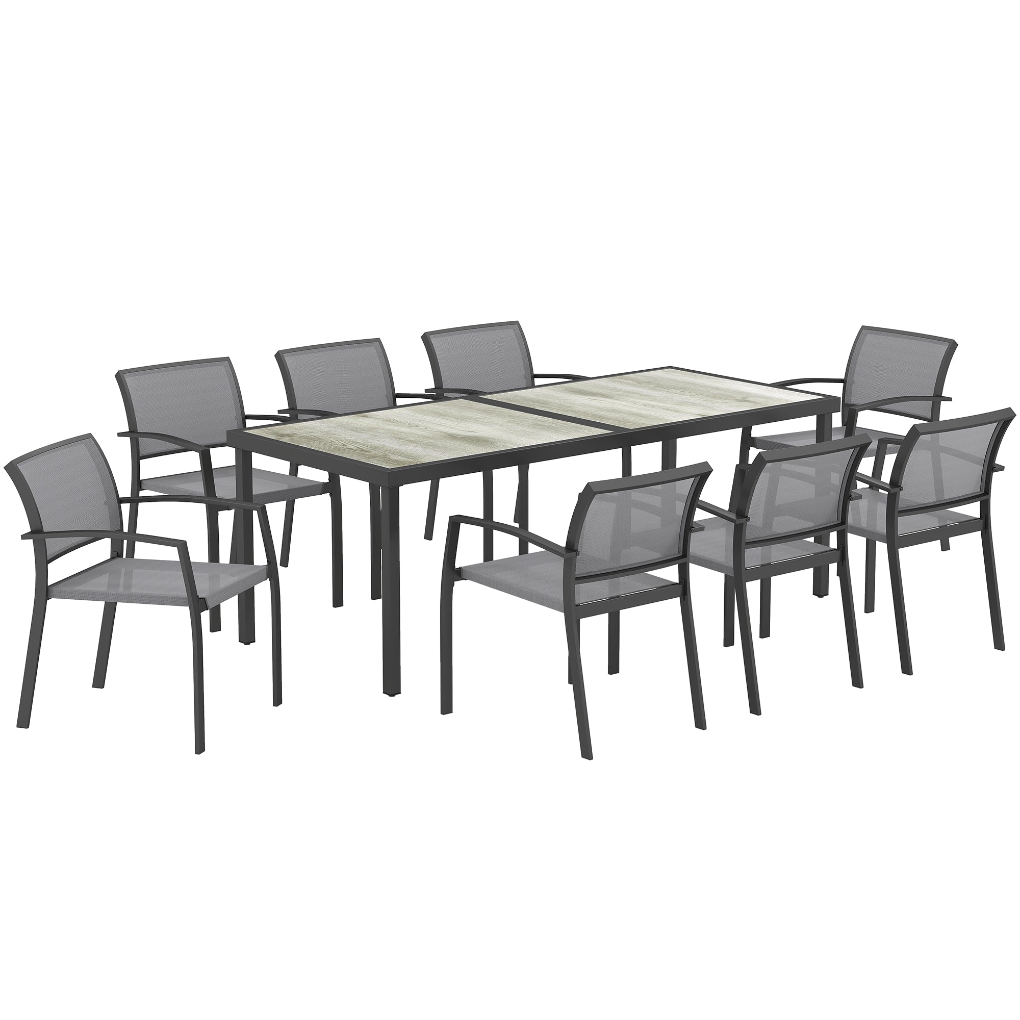 Garden Table Set with 9-Piece Chairs, Dining Set with PSPC Table Top, 8 Stackable Outdoor Chairs with Arms, Steel and Textilene Terrace Furniture Set, Gray