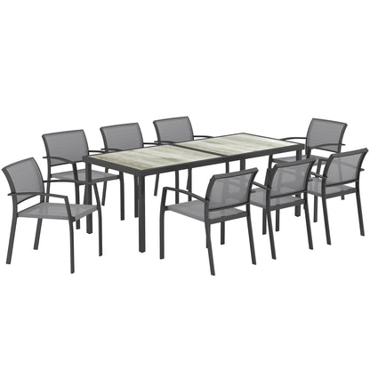 Garden Table Set with 9-Piece Chairs, Dining Set with PSPC Table Top, 8 Stackable Outdoor Chairs with Arms, Steel and Textilene Terrace Furniture Set, Gray