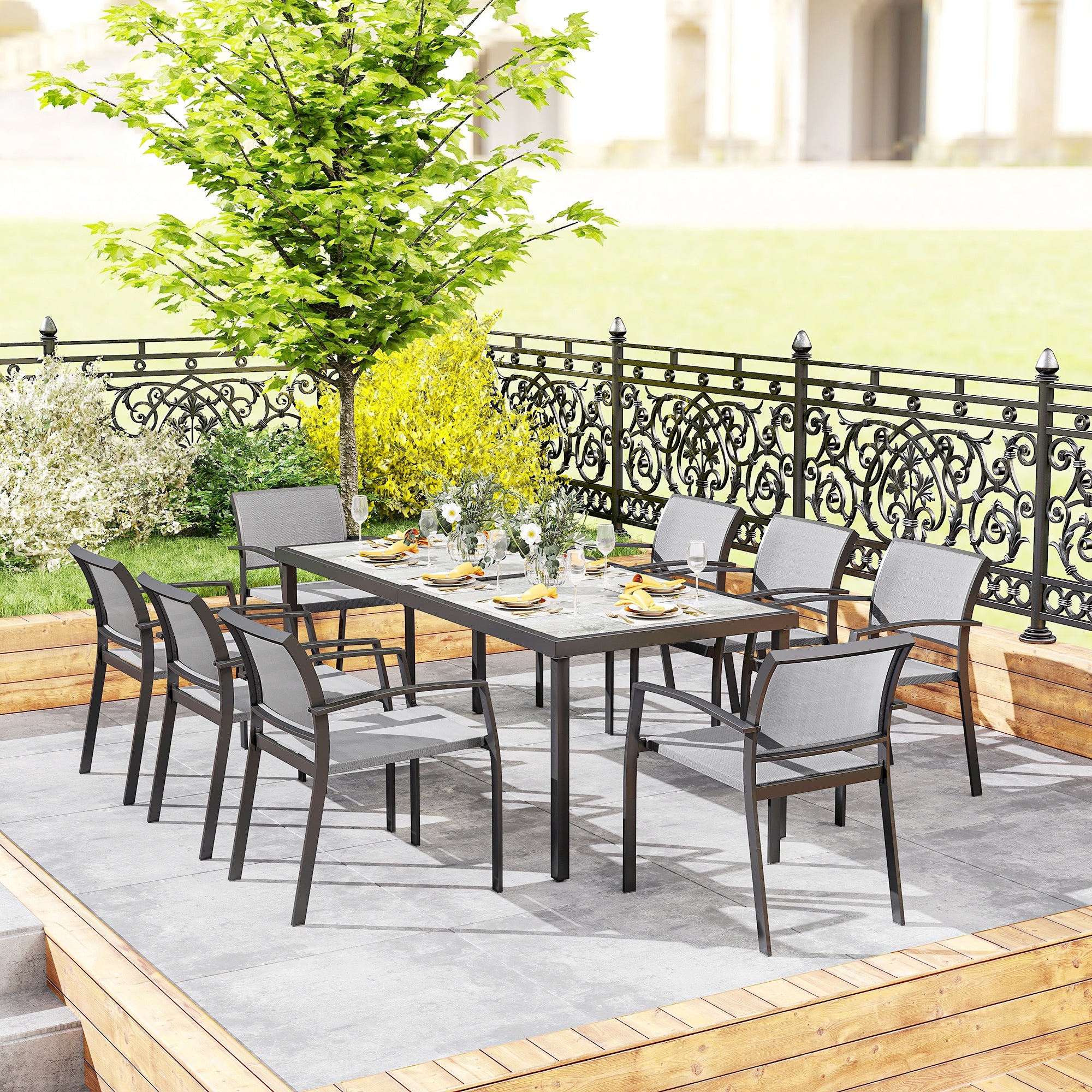 Garden Table Set with 9-Piece Chairs, Dining Set with PSPC Table Top, 8 Stackable Outdoor Chairs with Arms, Steel and Textilene Terrace Furniture Set, Gray