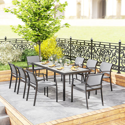 Garden Table Set with 9-Piece Chairs, Dining Set with PSPC Table Top, 8 Stackable Outdoor Chairs with Arms, Steel and Textilene Terrace Furniture Set, Gray