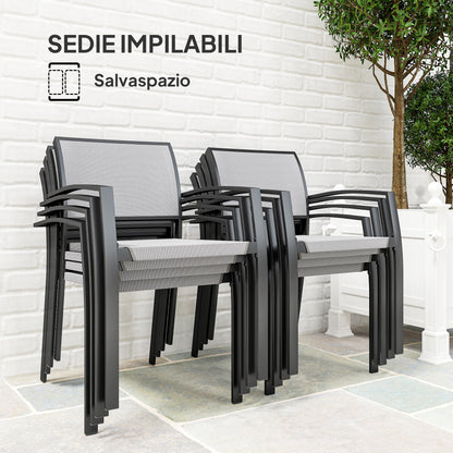 Garden Table Set with 9-Piece Chairs, Dining Set with PSPC Table Top, 8 Stackable Outdoor Chairs with Arms, Steel and Textilene Terrace Furniture Set, Gray