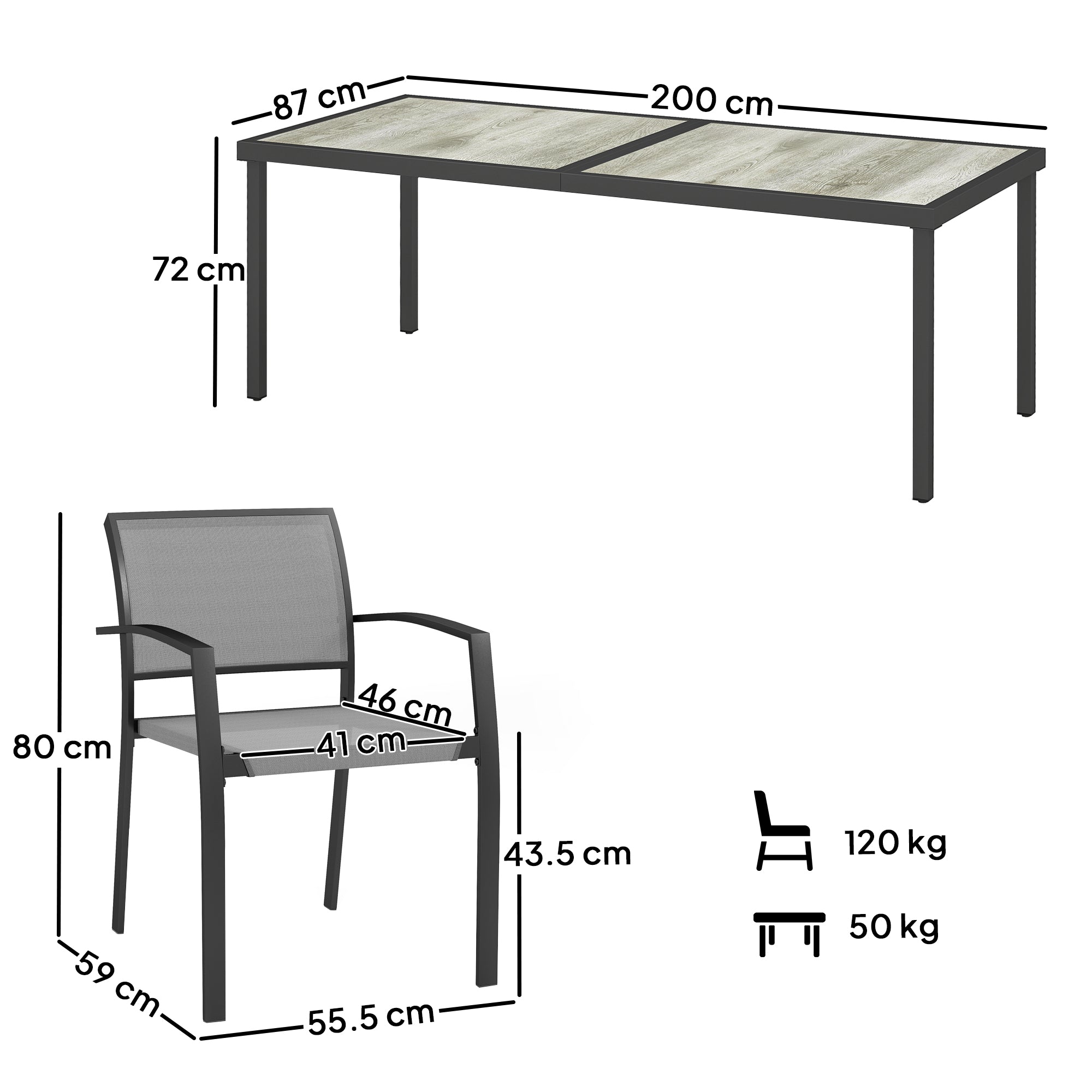 Garden Table Set with 9-Piece Chairs, Dining Set with PSPC Table Top, 8 Stackable Outdoor Chairs with Arms, Steel and Textilene Terrace Furniture Set, Gray