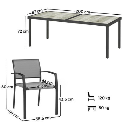 Garden Table Set with 9-Piece Chairs, Dining Set with PSPC Table Top, 8 Stackable Outdoor Chairs with Arms, Steel and Textilene Terrace Furniture Set, Gray