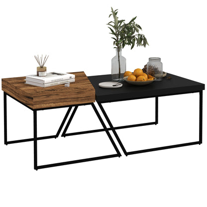 Coffee Table 2-Piece Set Side Table with Steel Frame, Geometric Industrial Design, Living Room Table for Bedroom, Office, Black