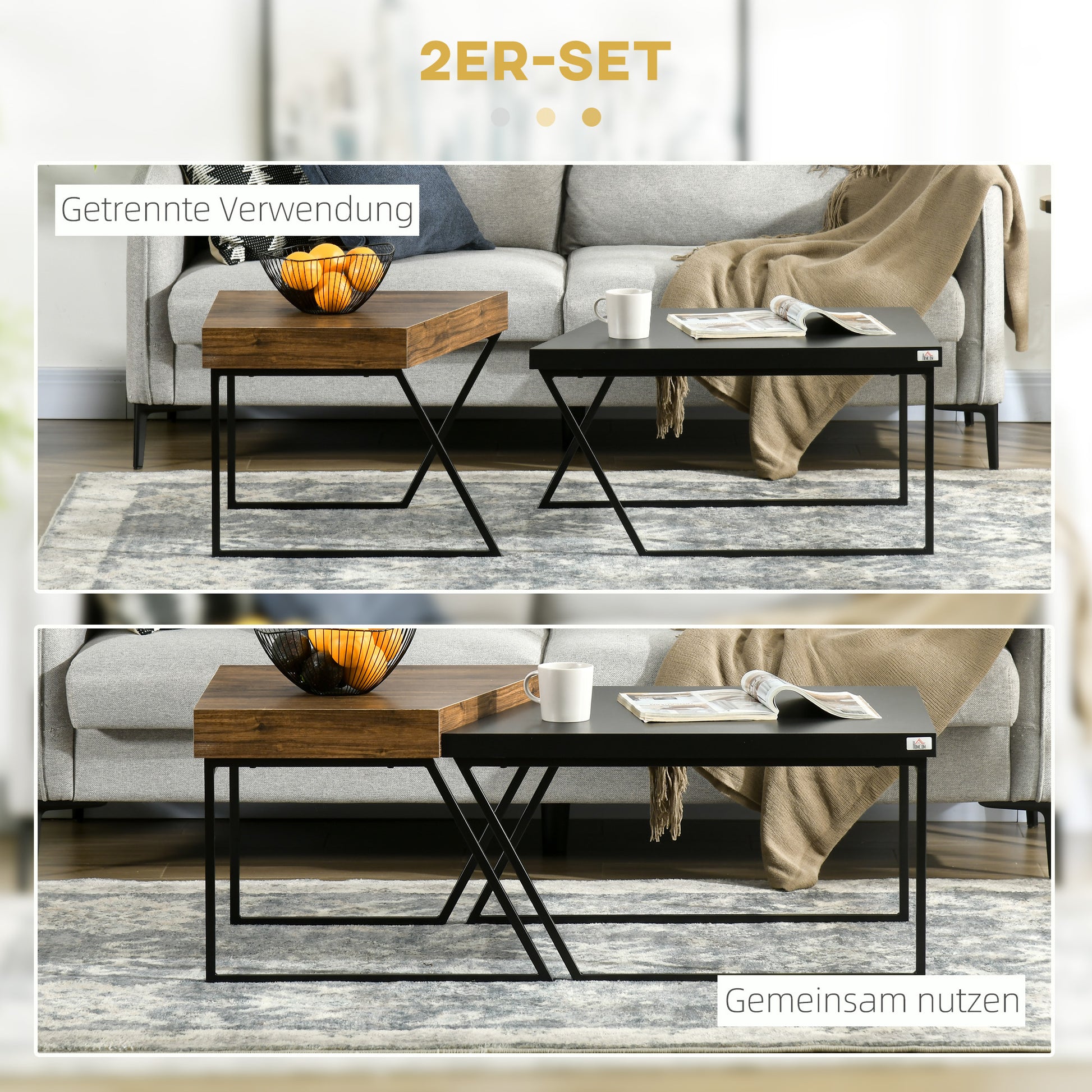 Coffee Table 2-Piece Set Side Table with Steel Frame, Geometric Industrial Design, Living Room Table for Bedroom, Office, Black