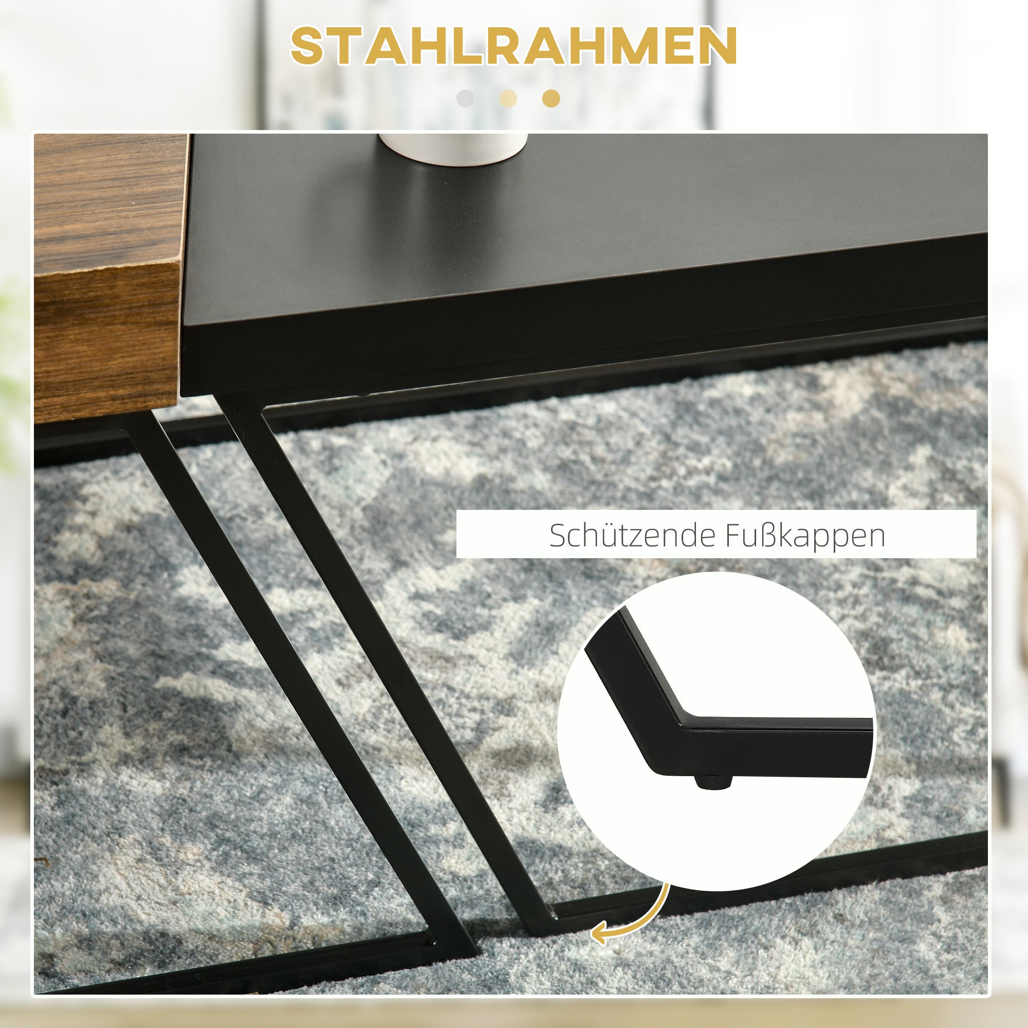 Coffee Table 2-Piece Set Side Table with Steel Frame, Geometric Industrial Design, Living Room Table for Bedroom, Office, Black