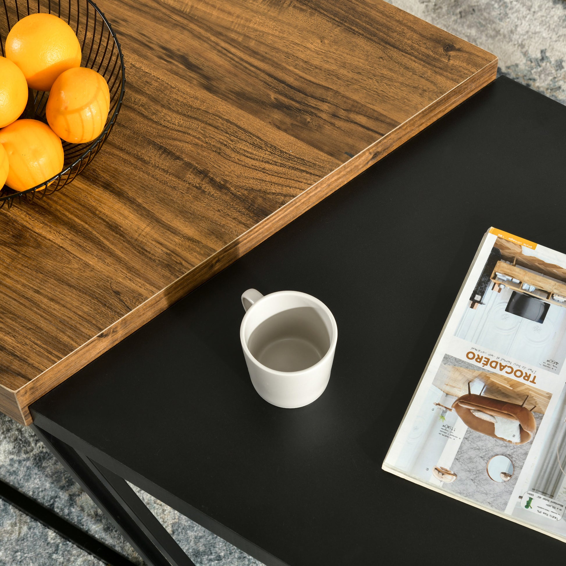 Coffee Table 2-Piece Set Side Table with Steel Frame, Geometric Industrial Design, Living Room Table for Bedroom, Office, Black