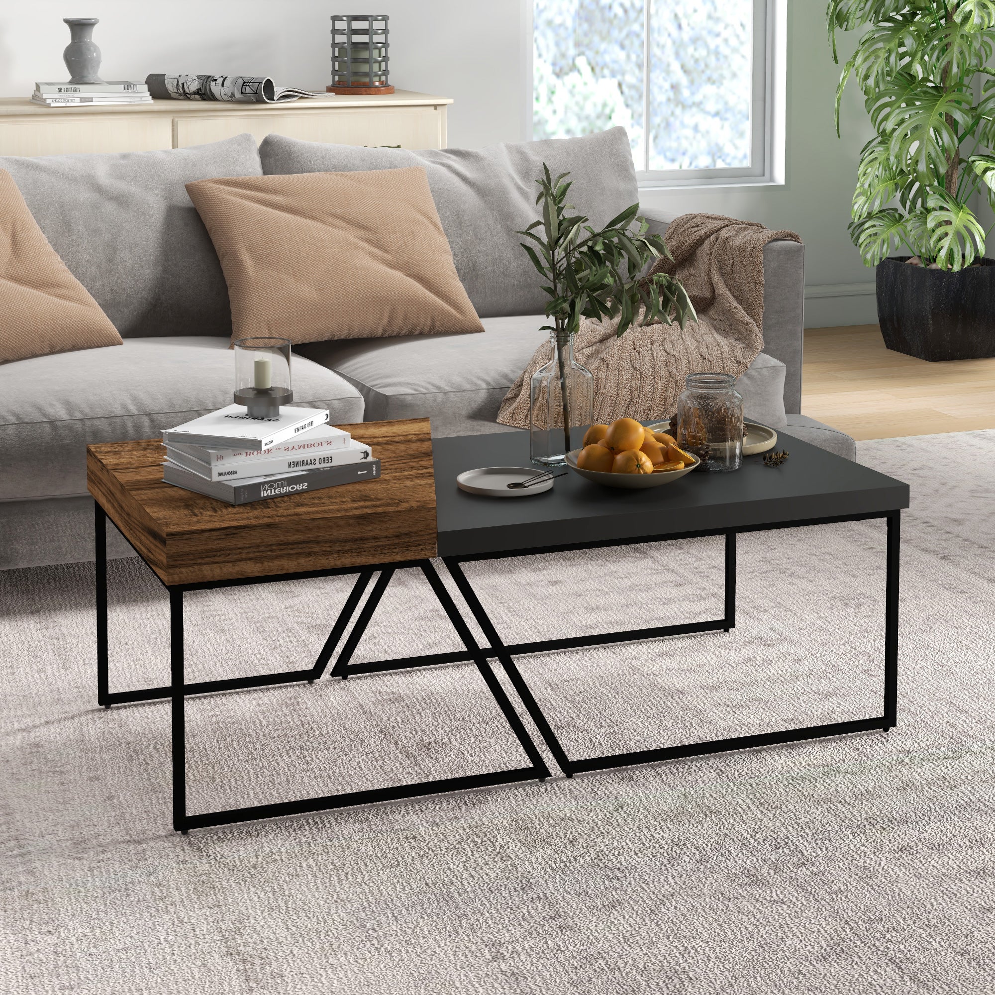 Coffee Table 2-Piece Set Side Table with Steel Frame, Geometric Industrial Design, Living Room Table for Bedroom, Office, Black
