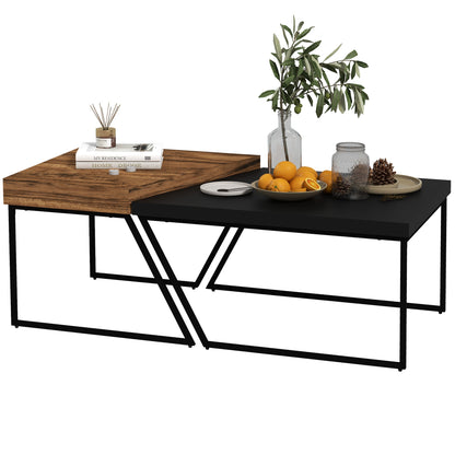 Coffee Table 2-Piece Set Side Table with Steel Frame, Geometric Industrial Design, Living Room Table for Bedroom, Office, Black