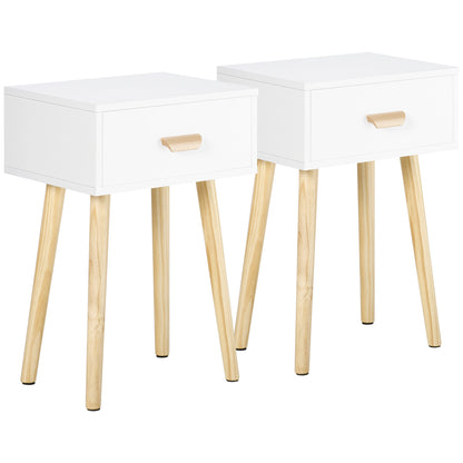 Set of 2 Bedside Tables Nightstands with Drawer and Wooden Legs for Bedroom Living Room Bed Office Modern Style 40.5x30.5x60 cm White
