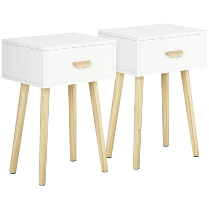 Set of 2 Bedside Tables Nightstands with Drawer and Wooden Legs for Bedroom Living Room Bed Office Modern Style 40.5x30.5x60 cm White