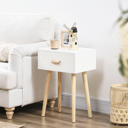 Set of 2 Bedside Tables Nightstands with Drawer and Wooden Legs for Bedroom Living Room Bed Office Modern Style 40.5x30.5x60 cm White