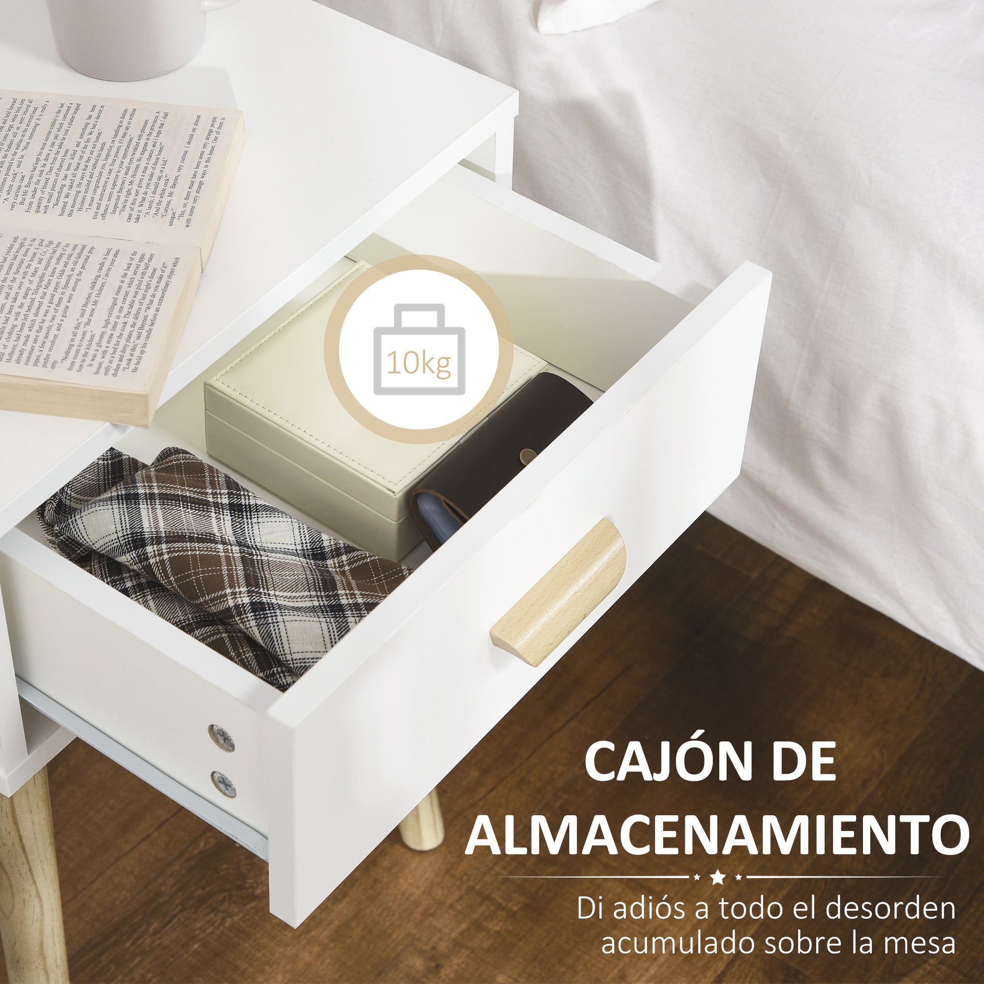 Set of 2 Bedside Tables Nightstands with Drawer and Wooden Legs for Bedroom Living Room Bed Office Modern Style 40.5x30.5x60 cm White