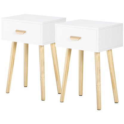 Set of 2 Bedside Tables Nightstands with Drawer and Wooden Legs for Bedroom Living Room Bed Office Modern Style 40.5x30.5x60 cm White