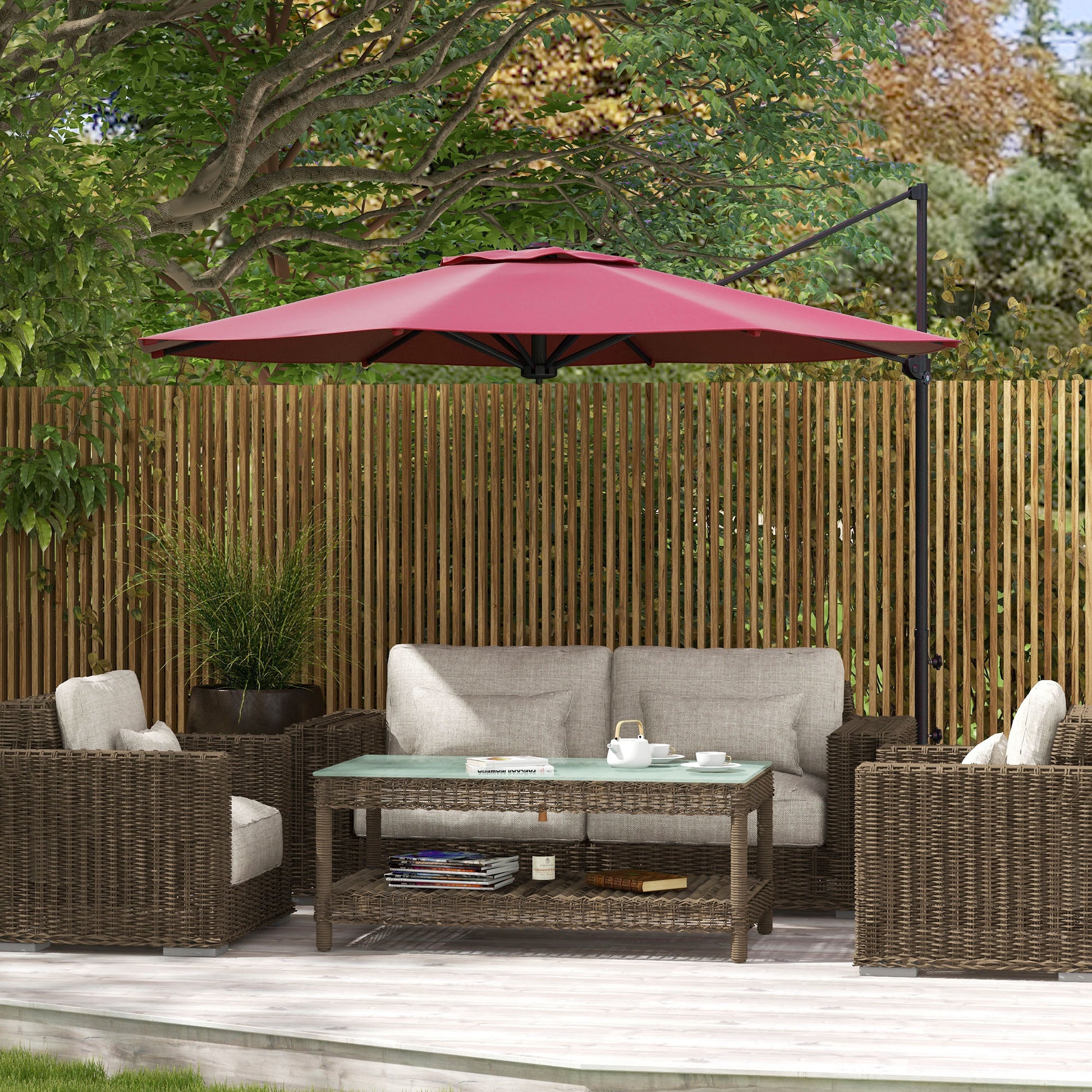 Garden Parasol Ø294x242 cm Terrace Umbrella with Adjustable Height 360° Rotating Pole Adjustable Roof Angle and Top Ventilation for Patio Pool Wine Red