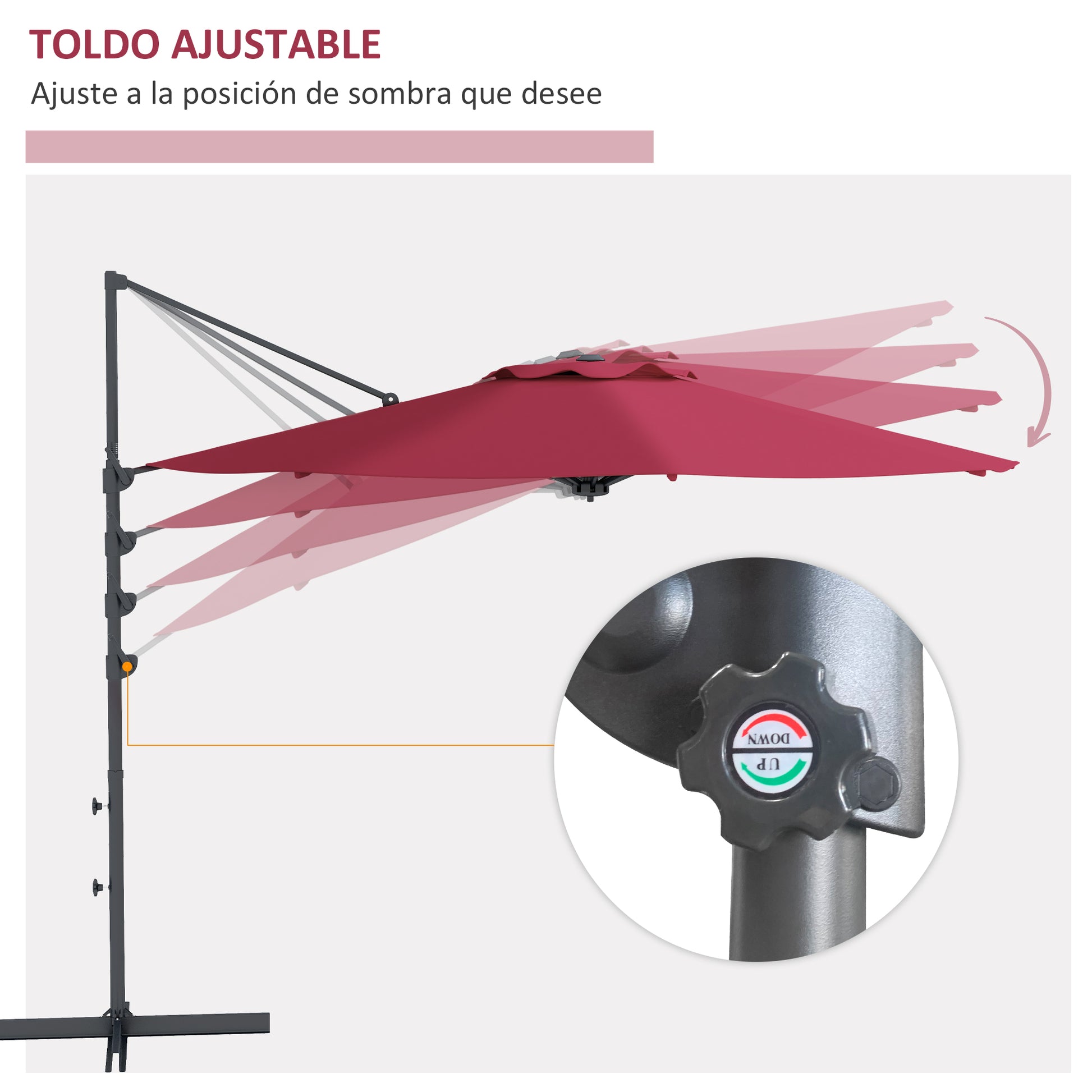 Garden Parasol Ø294x242 cm Terrace Umbrella with Adjustable Height 360° Rotating Pole Adjustable Roof Angle and Top Ventilation for Patio Pool Wine Red