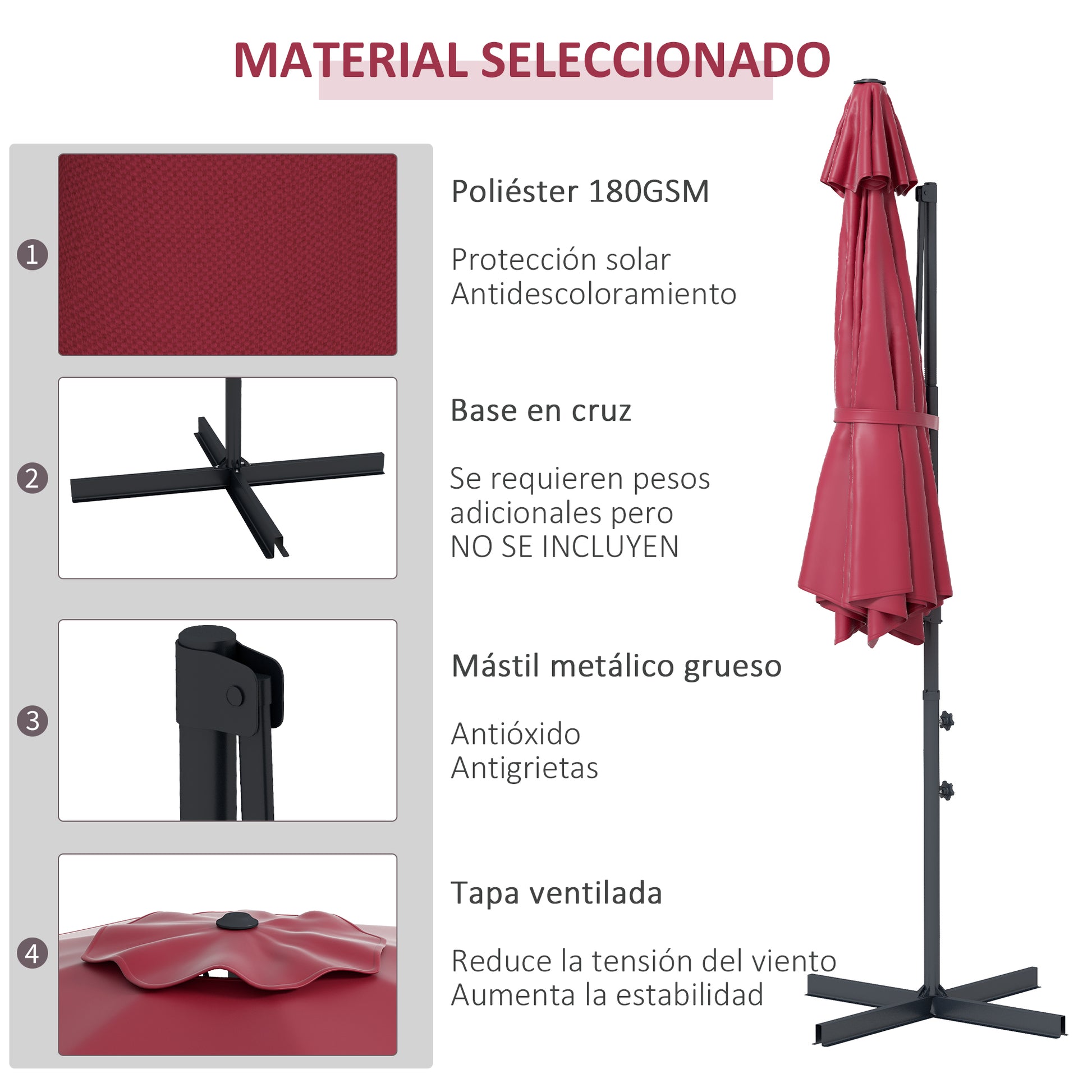Garden Parasol Ø294x242 cm Terrace Umbrella with Adjustable Height 360° Rotating Pole Adjustable Roof Angle and Top Ventilation for Patio Pool Wine Red