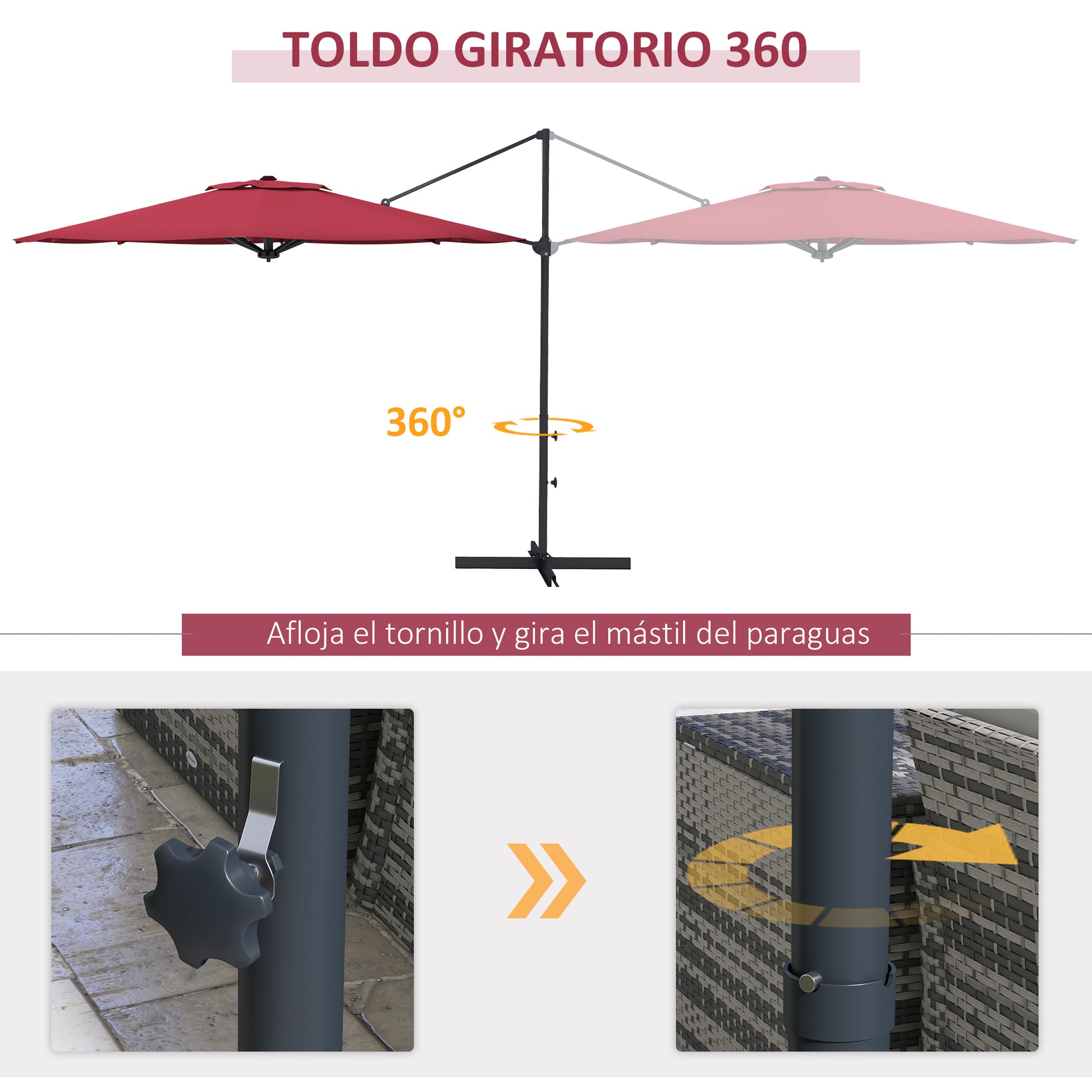 Garden Parasol Ø294x242 cm Terrace Umbrella with Adjustable Height 360° Rotating Pole Adjustable Roof Angle and Top Ventilation for Patio Pool Wine Red