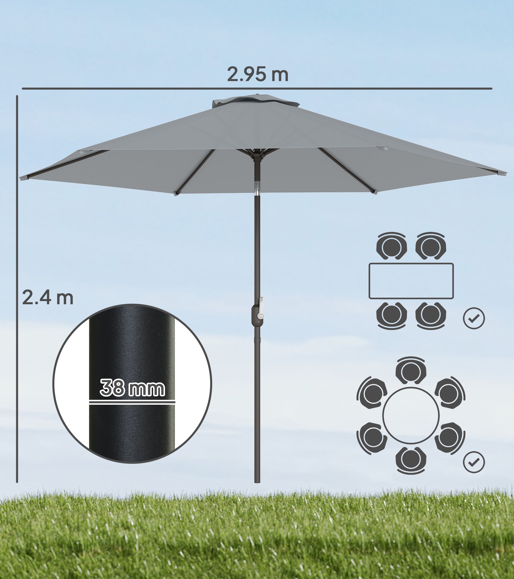 9.7 ft (295 cm) Tilting Patio Umbrella with Crank and Cover — Wind-Resistant, Vented Market Umbrella for Garden, Balcony, Terrace, Gray