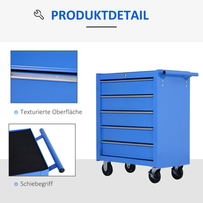 Workshop Trolley, Lockable Tool Trolley, Trolley with 5 Drawers, 2 Keys and Anti-Slip Mats, 2 Wheels with Locking Brakes, Blue