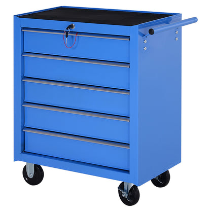 Workshop Trolley, Lockable Tool Trolley, Trolley with 5 Drawers, 2 Keys and Anti-Slip Mats, 2 Wheels with Locking Brakes, Blue