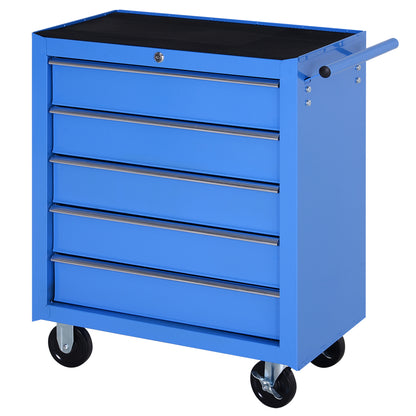 Workshop Trolley, Lockable Tool Trolley, Trolley with 5 Drawers, 2 Keys and Anti-Slip Mats, 2 Wheels with Locking Brakes, Blue