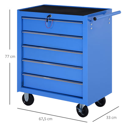 Workshop Trolley, Lockable Tool Trolley, Trolley with 5 Drawers, 2 Keys and Anti-Slip Mats, 2 Wheels with Locking Brakes, Blue