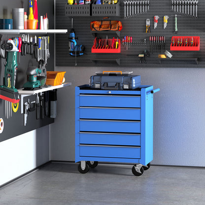 Workshop Trolley, Lockable Tool Trolley, Trolley with 5 Drawers, 2 Keys and Anti-Slip Mats, 2 Wheels with Locking Brakes, Blue