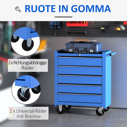 Workshop Trolley, Lockable Tool Trolley, Trolley with 5 Drawers, 2 Keys and Anti-Slip Mats, 2 Wheels with Locking Brakes, Blue