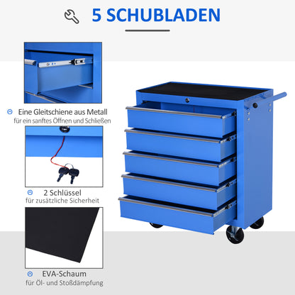 Workshop Trolley, Lockable Tool Trolley, Trolley with 5 Drawers, 2 Keys and Anti-Slip Mats, 2 Wheels with Locking Brakes, Blue