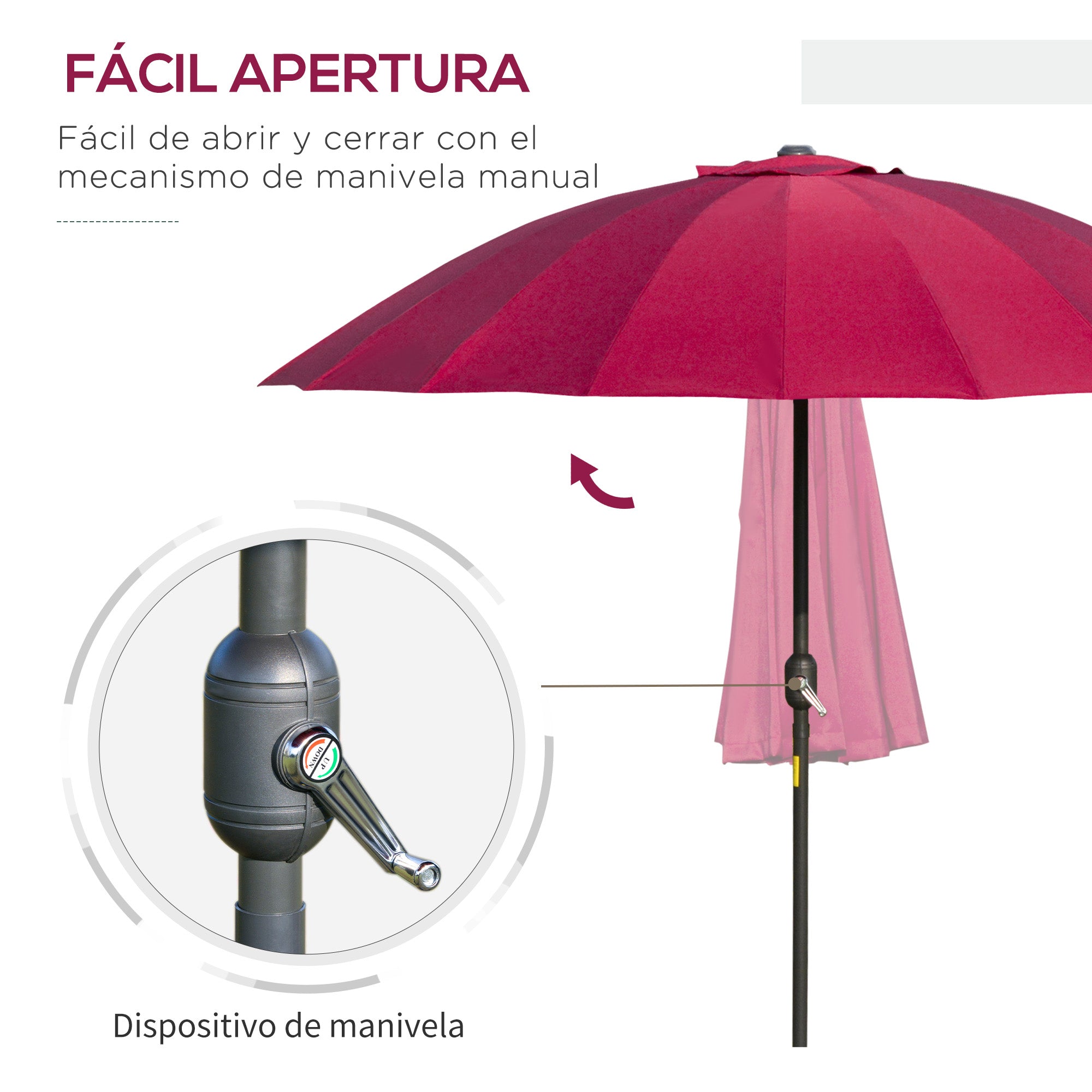 Terrace Umbrella Ø250 cm Garden Umbrella with Tilt Angle 18 Rods and Crank Waterproof Sunshade for Patio Terrace Burgundy