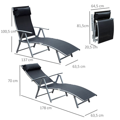 Foldable Sun Lounger Beach Chair with Head Pillow Recliner with 7-Position Adjustable Backrest Garden Lounger Relaxer Chair up to 165 kg Capacity, for Garden Holiday Outdoor, Black