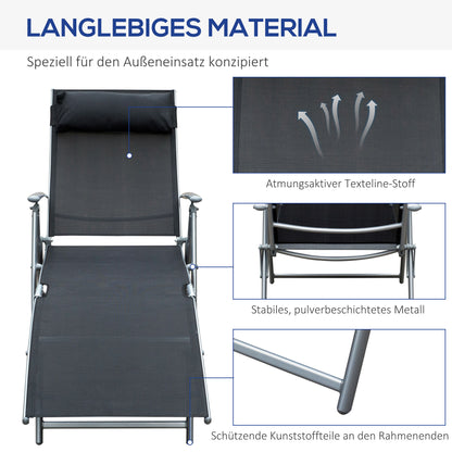 Foldable Sun Lounger Beach Chair with Head Pillow Recliner with 7-Position Adjustable Backrest Garden Lounger Relaxer Chair up to 165 kg Capacity, for Garden Holiday Outdoor, Black