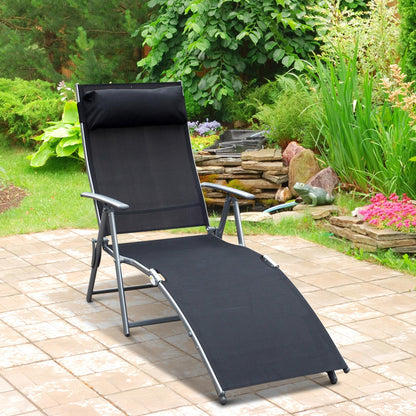 Foldable Sun Lounger Beach Chair with Head Pillow Recliner with 7-Position Adjustable Backrest Garden Lounger Relaxer Chair up to 165 kg Capacity, for Garden Holiday Outdoor, Black