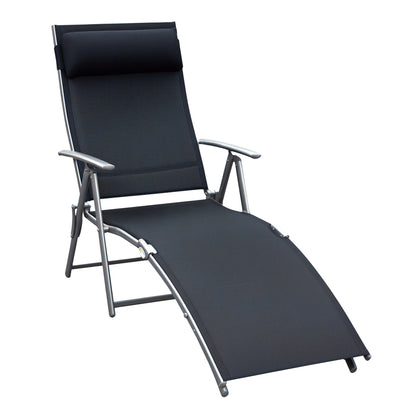 Foldable Sun Lounger Beach Chair with Head Pillow Recliner with 7-Position Adjustable Backrest Garden Lounger Relaxer Chair up to 165 kg Capacity, for Garden Holiday Outdoor, Black