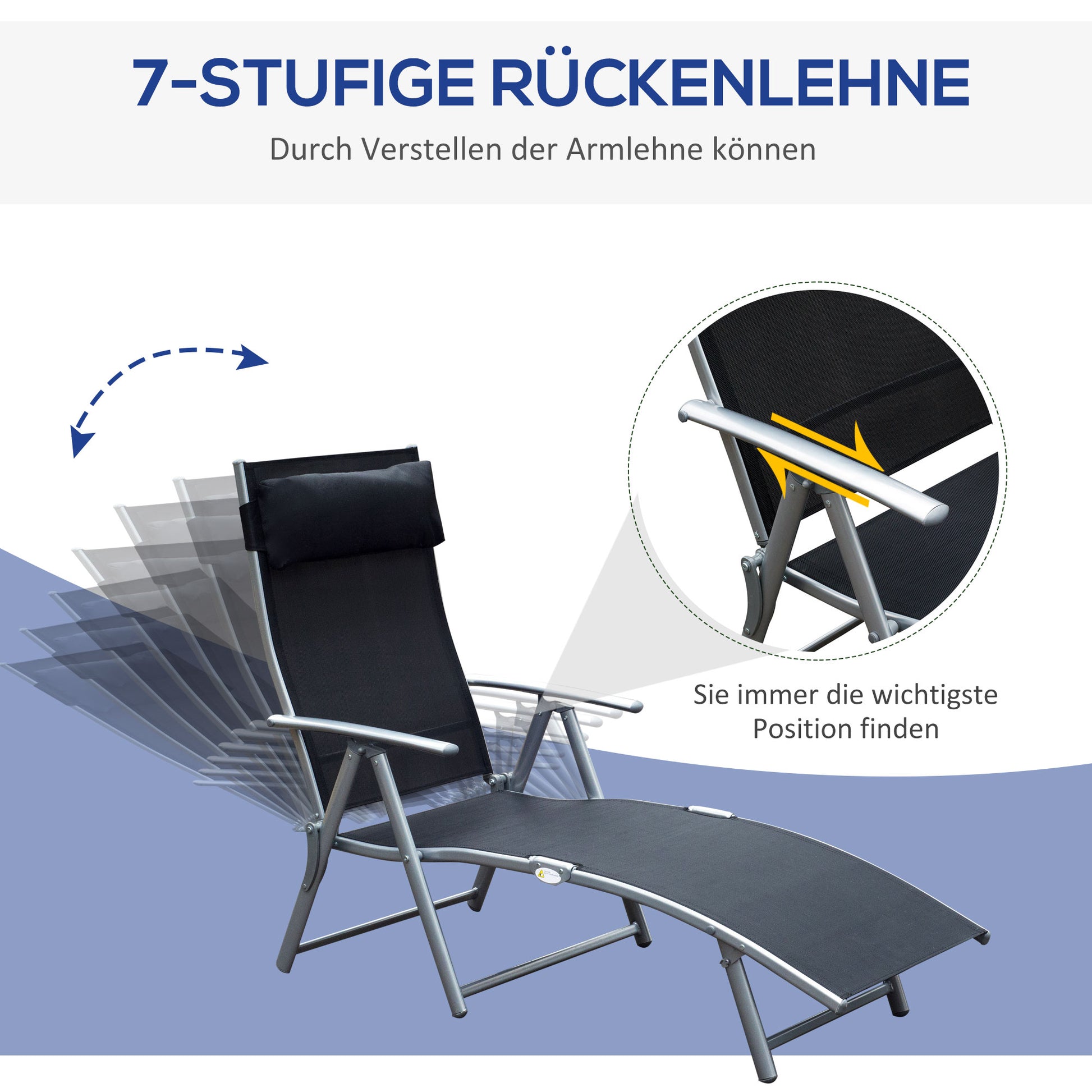 Foldable Sun Lounger Beach Chair with Head Pillow Recliner with 7-Position Adjustable Backrest Garden Lounger Relaxer Chair up to 165 kg Capacity, for Garden Holiday Outdoor, Black