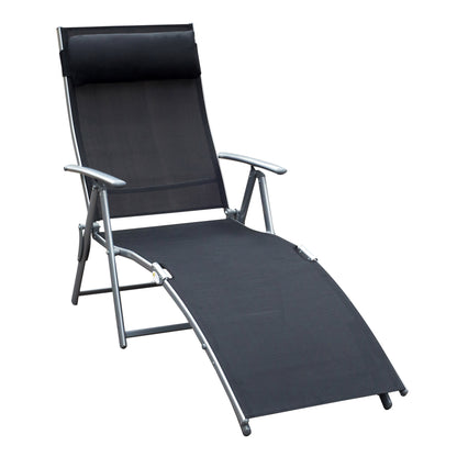 Foldable Sun Lounger Beach Chair with Head Pillow Recliner with 7-Position Adjustable Backrest Garden Lounger Relaxer Chair up to 165 kg Capacity, for Garden Holiday Outdoor, Black