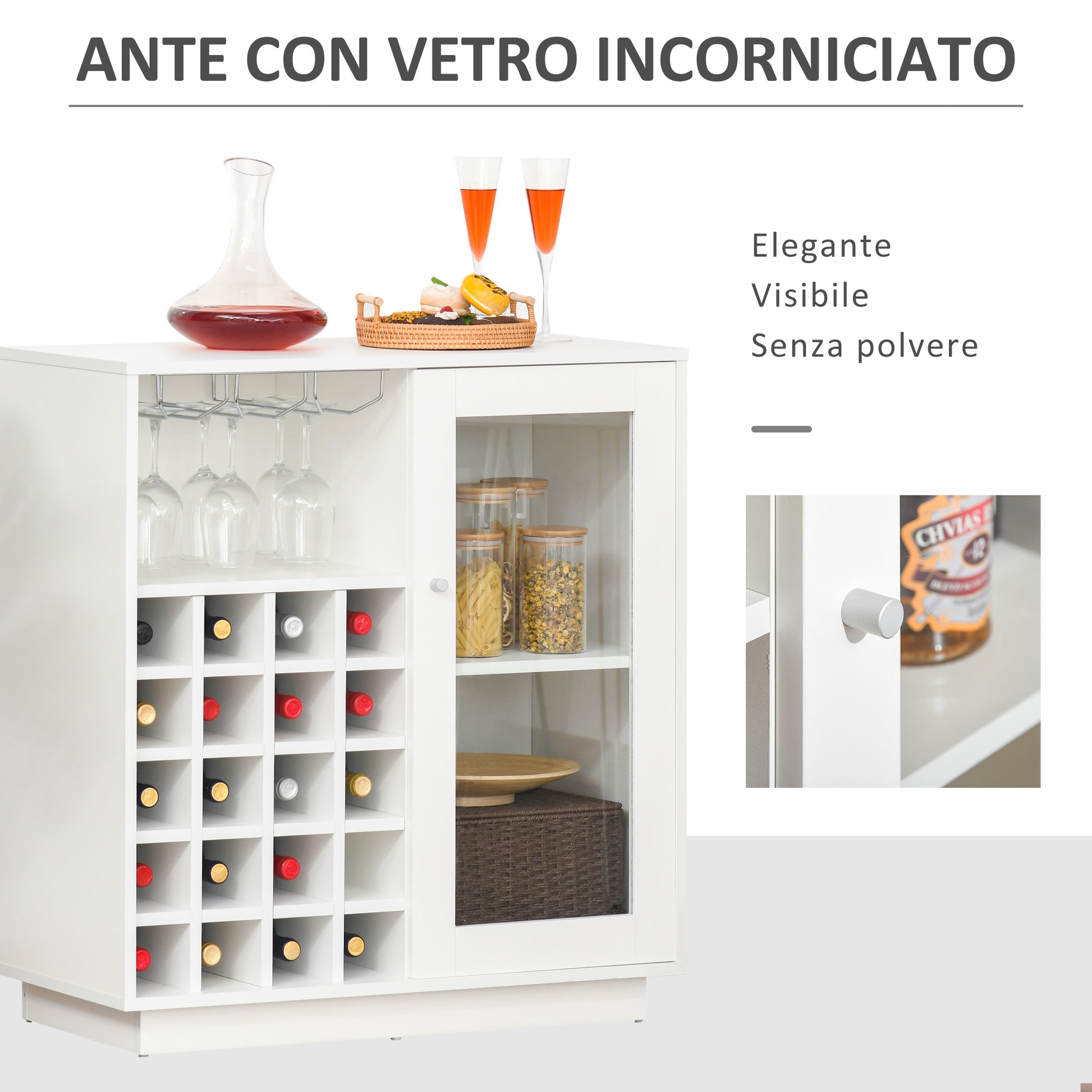 Wine Bottle Rack with Glass Holder and Cabinet, Wine Holder for 20 Bottles, Wine Cabinet with Glass Door, 80x36x85 cm, White
